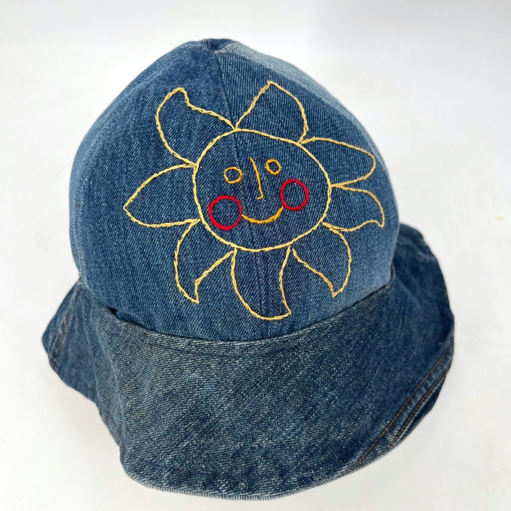 Hippie 70s Boho Vintage Retro Handmade Blue Denim Bucket Hat Embroidered Sun